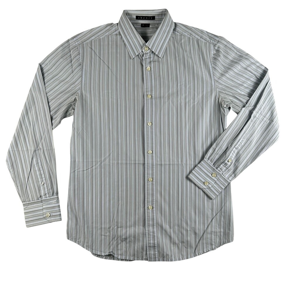 Theory Dress Shirt Mens Medium Gray Stripe Long Sleeve Button Front Cotton